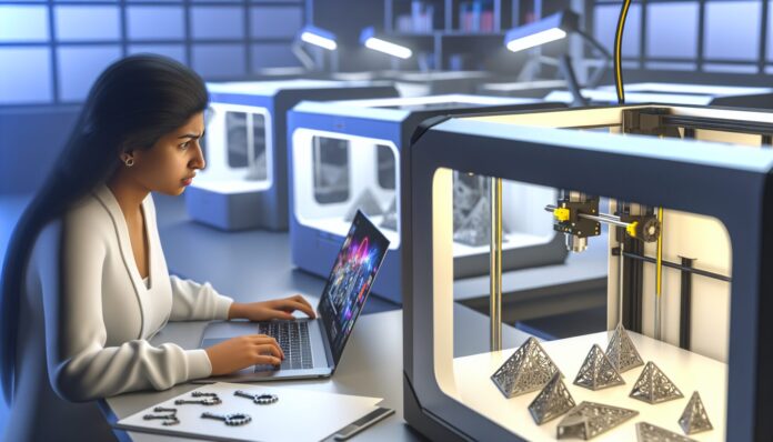 High-resolution realistic photograph of a young professional working on a laptop in a modern 3D printing lab, with 3D printers and printed parts in the background. Avoid futuristic or stylized elements.