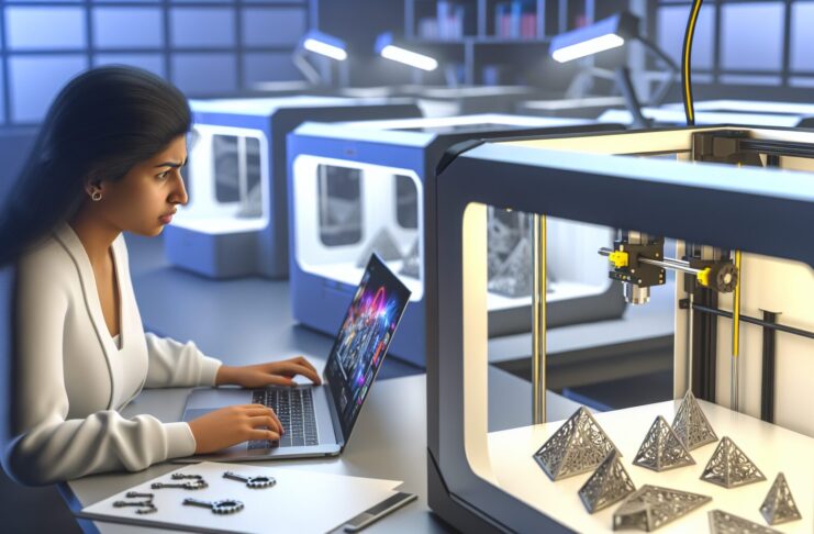 High-resolution realistic photograph of a young professional working on a laptop in a modern 3D printing lab, with 3D printers and printed parts in the background. Avoid futuristic or stylized elements.