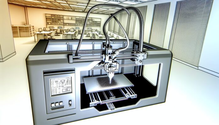 High-resolution realistic photograph of the Gauss MT90 3D printer in a modern office or lab setting, showing the machine in operation with visible metal paste extrusion. Avoid futuristic or stylized elements.