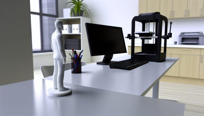 High-resolution realistic photograph of a small 3D printed figurine of a person, placed on a desk next to a computer and 3D printer, in a well-lit home office environment. Avoid futuristic or stylized elements.