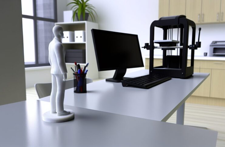 High-resolution realistic photograph of a small 3D printed figurine of a person, placed on a desk next to a computer and 3D printer, in a well-lit home office environment. Avoid futuristic or stylized elements.