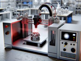 High-resolution realistic photograph of a laser powder bed fusion 3D printer in operation, focusing on the laser interacting with metal powder to form a high-entropy alloy part. Photographed in a real lab or industrial setting, matching the look of existing press images about the same topic. Avoid futuristic or stylized elements.