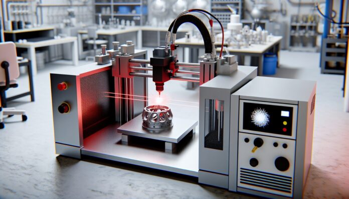 High-resolution realistic photograph of a laser powder bed fusion 3D printer in operation, focusing on the laser interacting with metal powder to form a high-entropy alloy part. Photographed in a real lab or industrial setting, matching the look of existing press images about the same topic. Avoid futuristic or stylized elements.