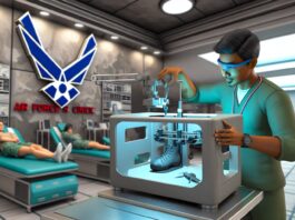 High-resolution realistic photograph of a dental technician using a 3D printer in a military dental clinic setting, with Air Force insignia visible in the background. Avoid futuristic or stylized elements.