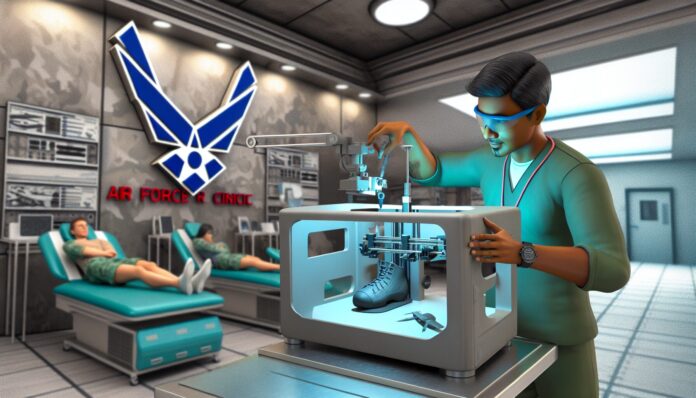 High-resolution realistic photograph of a dental technician using a 3D printer in a military dental clinic setting, with Air Force insignia visible in the background. Avoid futuristic or stylized elements.