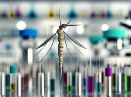 High-resolution realistic photograph of a micro-needle inspired by a mosquito proboscis, shown in a laboratory setting with scientific instruments in the background. Avoid futuristic or stylized elements.