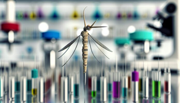 High-resolution realistic photograph of a micro-needle inspired by a mosquito proboscis, shown in a laboratory setting with scientific instruments in the background. Avoid futuristic or stylized elements.