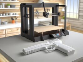 High-resolution realistic photograph of a 3D printed plastic gun on a table next to a consumer-grade 3D printer, in a real home or workshop environment. Avoid futuristic or stylized elements.