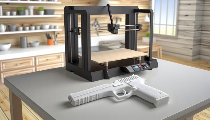 High-resolution realistic photograph of a 3D printed plastic gun on a table next to a consumer-grade 3D printer, in a real home or workshop environment. Avoid futuristic or stylized elements.