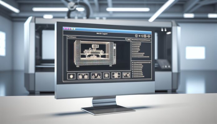 High-resolution realistic photograph of Nikon's new multi-laser metal 3D printing software interface displayed on a monitor in an industrial setting, with a metal 3D printer operating in the background. Avoid futuristic or stylized elements.