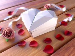 High-resolution realistic photograph of a 3D printed Origami Heart Box, placed on a wooden table with soft natural lighting, surrounded by Valentine's Day decorations like rose petals and ribbon. Avoid futuristic or stylized elements.