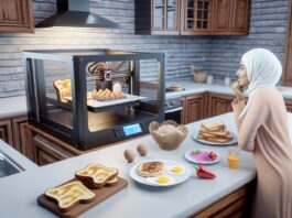 High-resolution realistic photograph of a 3D printer in a kitchen printing a breakfast meal (e.g., eggs, toast, or pancakes), with a person observing or interacting with the machine. Photographed in a real environment, matching the look of existing press images about food technology. Avoid futuristic or stylized elements.