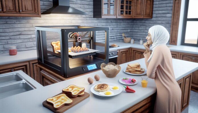 High-resolution realistic photograph of a 3D printer in a kitchen printing a breakfast meal (e.g., eggs, toast, or pancakes), with a person observing or interacting with the machine. Photographed in a real environment, matching the look of existing press images about food technology. Avoid futuristic or stylized elements.
