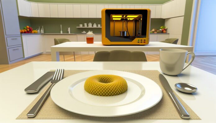 High-resolution realistic photograph of a 3D printed pulse-based food product on a plate in a kitchen or dining setting, photographed in a real environment, matching the look of existing press images about the same product. Avoid futuristic or stylized elements.