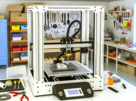 High-resolution realistic photograph of a 3D printer mid-process printing a large object that extends beyond the build plate, in a home workshop or maker space environment. Avoid futuristic or stylized elements.