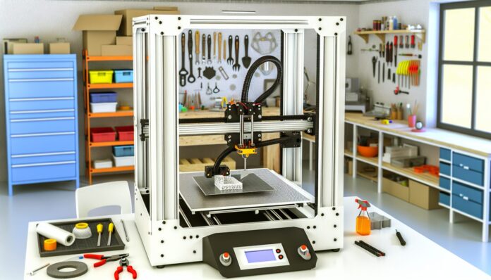 High-resolution realistic photograph of a 3D printer mid-process printing a large object that extends beyond the build plate, in a home workshop or maker space environment. Avoid futuristic or stylized elements.