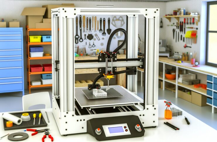 High-resolution realistic photograph of a 3D printer mid-process printing a large object that extends beyond the build plate, in a home workshop or maker space environment. Avoid futuristic or stylized elements.