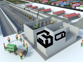 High-resolution realistic photograph of a 3D-printed concrete structure at a construction site in Thailand, with workers and SCG branding visible. Avoid futuristic or stylized elements.