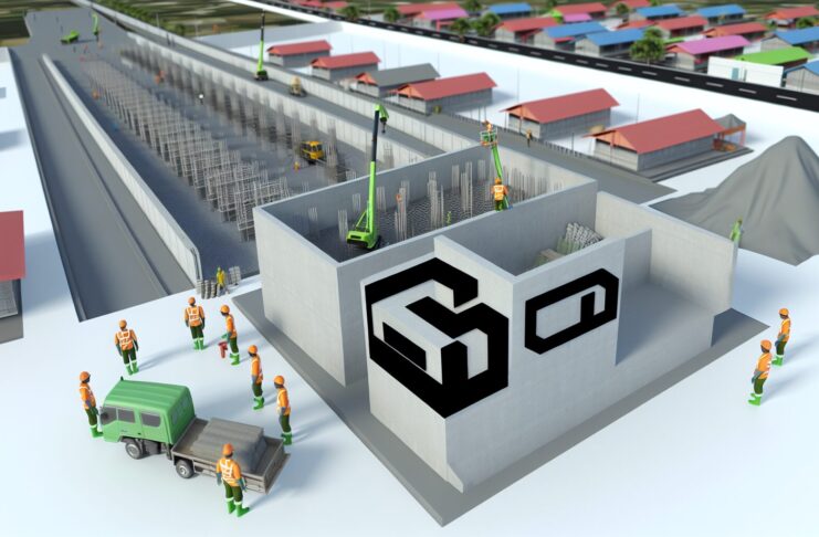 High-resolution realistic photograph of a 3D-printed concrete structure at a construction site in Thailand, with workers and SCG branding visible. Avoid futuristic or stylized elements.