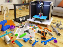 Things You Can 3D Print at Home (But Probably Shouldn’t) High-resolution realistic photograph of a cluttered home 3D printing workspace with questionable or impractical 3D printed objects like a plastic wrench, a toy gun, and a failed print, photographed in a real environment, matching the look of existing press images about home 3D printing. Avoid futuristic or stylized elements.