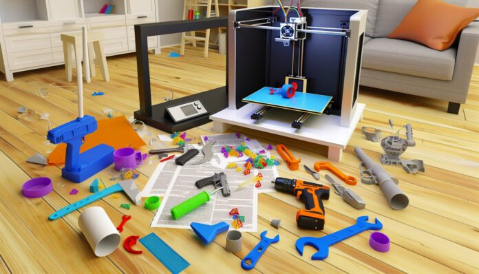 High-resolution realistic photograph of a cluttered home 3D printing workspace with questionable or impractical 3D printed objects like a plastic wrench, a toy gun, and a failed print, photographed in a real environment, matching the look of existing press images about home 3D printing. Avoid futuristic or stylized elements.