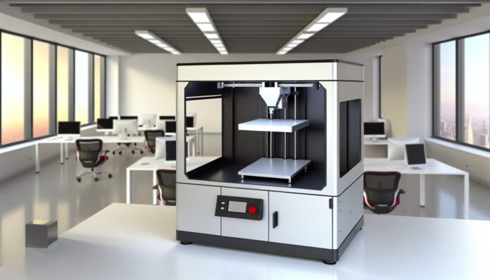 High-resolution realistic photograph of Inkbit's office-friendly metal 3D printer using metal ink, placed in a modern office or lab environment with natural lighting. Avoid futuristic or stylized elements.