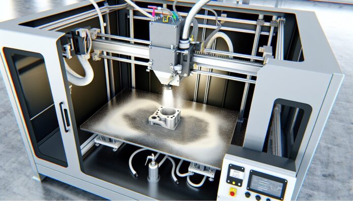High-resolution realistic photograph of a 3D printer operating in an industrial setting, showing a metal part being printed with visible powder bed fusion process. Avoid futuristic or stylized elements.