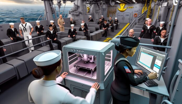 U.S. Navy Expands 3D Printing Capabilities to Frontline Fleet High-resolution realistic photograph of a U.S. Navy ship with sailors operating a 3D printer onboard, photographed in a real environment, matching the look of existing press images about the same. Avoid futuristic or stylized elements.