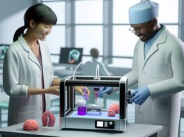 High-resolution realistic photograph of researchers working with a 3D bioprinter in a medical lab at UT Southwestern, showing organ models or bioink materials in a real environment. Avoid futuristic or stylized elements.