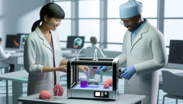 High-resolution realistic photograph of researchers working with a 3D bioprinter in a medical lab at UT Southwestern, showing organ models or bioink materials in a real environment. Avoid futuristic or stylized elements.