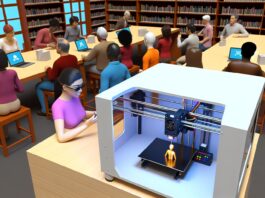 High-resolution realistic photograph of a public library makerspace with a desktop 3D printer in use, showing a small object being printed, with people observing or learning. Avoid futuristic or stylized elements.