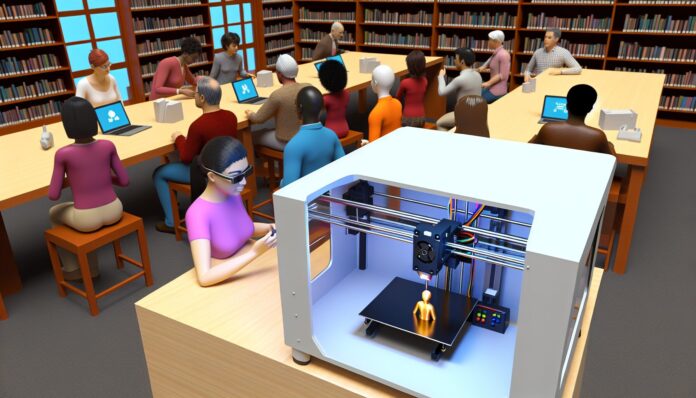 High-resolution realistic photograph of a public library makerspace with a desktop 3D printer in use, showing a small object being printed, with people observing or learning. Avoid futuristic or stylized elements.