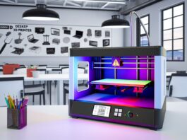 High-resolution realistic photograph of a desktop 3D printer in a workshop or educational setting, with a visible screen interface, possibly showing a warning or detection message. Avoid futuristic or stylized elements.