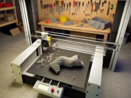 Why You Can’t 3D Print with Rubber (Yet) High-resolution realistic photograph of a failed attempt to 3D print with rubber-like material, showing a flexible print on a standard FDM printer bed in a workshop environment. Avoid futuristic or stylized elements.