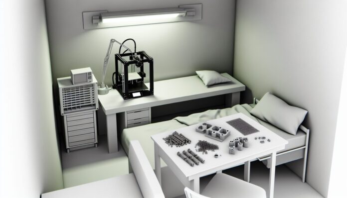 High-resolution realistic photograph of a small apartment room with 3D printers on a desk and several plastic firearm suppressor parts laid out, photographed in a real environment, matching the look of existing press images about illegal 3D-printed weapons. Avoid futuristic or stylized elements.
