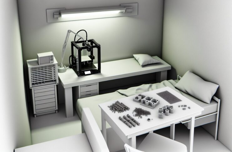 High-resolution realistic photograph of a small apartment room with 3D printers on a desk and several plastic firearm suppressor parts laid out, photographed in a real environment, matching the look of existing press images about illegal 3D-printed weapons. Avoid futuristic or stylized elements.