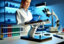 3D-Printed ‘Ghost Guns’ Are Not as Untraceable as Criminals Think High-resolution realistic photograph of a 3D-printed firearm being analyzed in a forensic lab, photographed in a real environment, matching the look of existing press images about the same topic. Avoid futuristic or stylized elements.