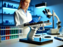 High-resolution realistic photograph of a 3D-printed firearm being analyzed in a forensic lab, photographed in a real environment, matching the look of existing press images about the same topic. Avoid futuristic or stylized elements.