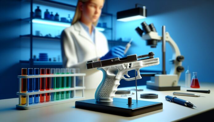 High-resolution realistic photograph of a 3D-printed firearm being analyzed in a forensic lab, photographed in a real environment, matching the look of existing press images about the same topic. Avoid futuristic or stylized elements.