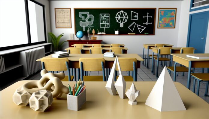 High-resolution realistic photograph of a classroom setting featuring 3D printed educational models from 3D Printing Elves, photographed in a real environment, matching the look of existing press images about the same. Avoid futuristic or stylized elements.