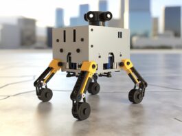 High-resolution realistic photograph of a tiny quadruped robot created through 3D printing, photographed in a real environment, matching the look of existing press images about the same topic. Avoid futuristic or stylized elements.