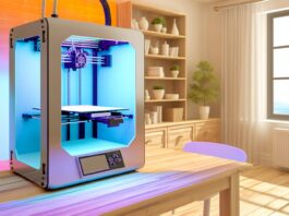 High-resolution realistic photograph of a 3D printer in a home setting, with a focus on safe and ethical printing practices. Avoid futuristic or stylized elements.