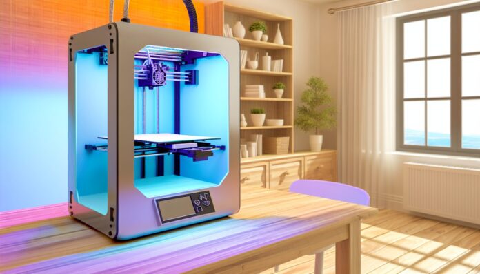 High-resolution realistic photograph of a 3D printer in a home setting, with a focus on safe and ethical printing practices. Avoid futuristic or stylized elements.