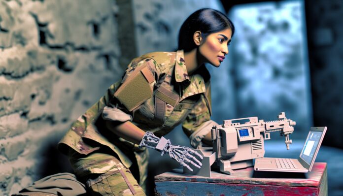 High-resolution realistic photograph of a soldier using a 3D printed part in a military setting, photographed in a real environment, matching the look of existing press images about the same. Avoid futuristic or stylized elements.