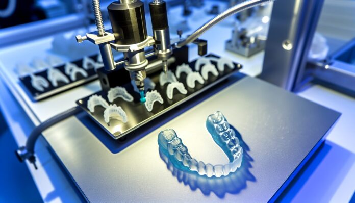 High-resolution realistic photograph of Invisalign aligners being produced using 3D printers in a real manufacturing environment, matching the look of existing press images about the same. Avoid futuristic or stylized elements.