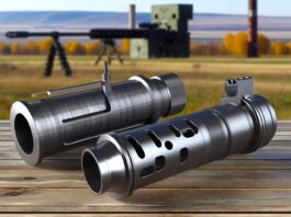 High-resolution realistic photograph of a metal 3D printed suppressor, photographed in a real environment, matching the look of existing press images about the same. Avoid futuristic or stylized elements.