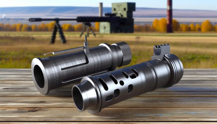 High-resolution realistic photograph of a metal 3D printed suppressor, photographed in a real environment, matching the look of existing press images about the same. Avoid futuristic or stylized elements.