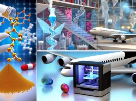 High-resolution realistic photograph of nanomaterials being used in medicine, aerospace, and 3D printing, photographed in a real environment, matching the look of existing press images about the same. Avoid futuristic or stylized elements.