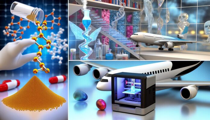 High-resolution realistic photograph of nanomaterials being used in medicine, aerospace, and 3D printing, photographed in a real environment, matching the look of existing press images about the same. Avoid futuristic or stylized elements.