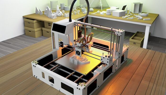 High-resolution realistic photograph of a 3D printer in action, surrounded by various printed objects, photographed in a real environment, matching the look of existing press images about 3D printing. Avoid futuristic or stylized elements.